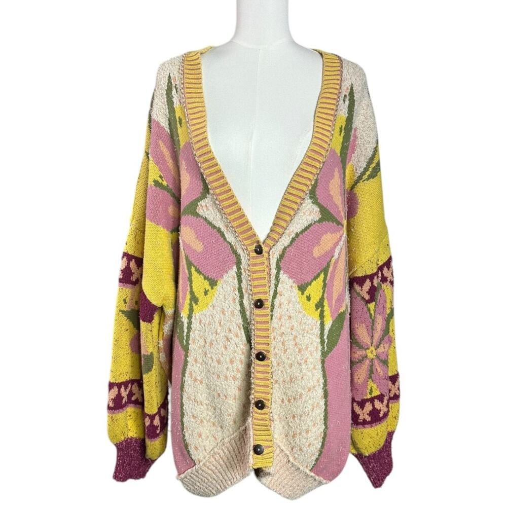 Free People Oversized Bohemian Bali Tropical Garden Cardigan Sweater Size Medium - Picture 2 of 14
